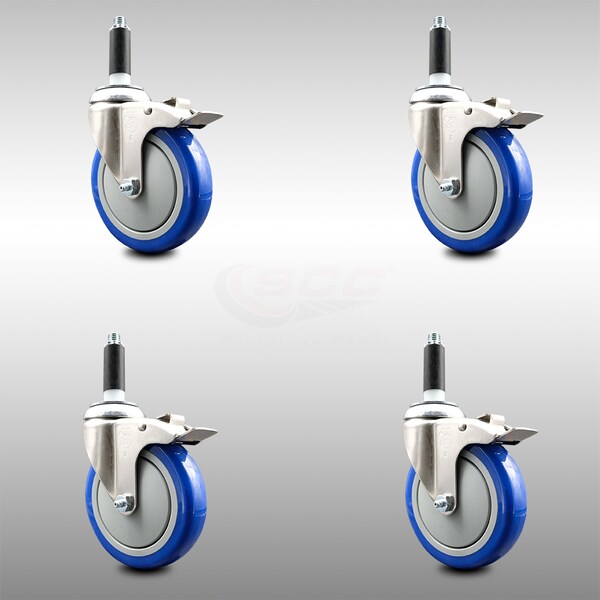 Service Caster 5 Inch 316SS Blue Poly Swivel 7/8 Inch Expanding Stem Caster Set Lock Brake SCC-SS316TTLEX20S514-PPUB-BLUE-78-4 - main